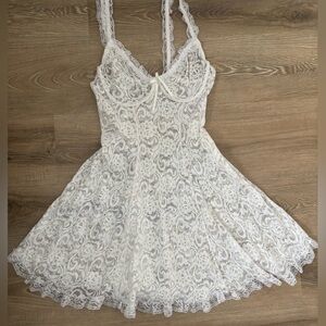 Vintage Secret Treasures White Lace Sheer Ruffle Mini Nightie Lingerie Dress